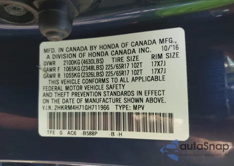 2016 Honda Cr-V Ex-L из США, поврежденный, VIN 2HKRM4H71GH711966